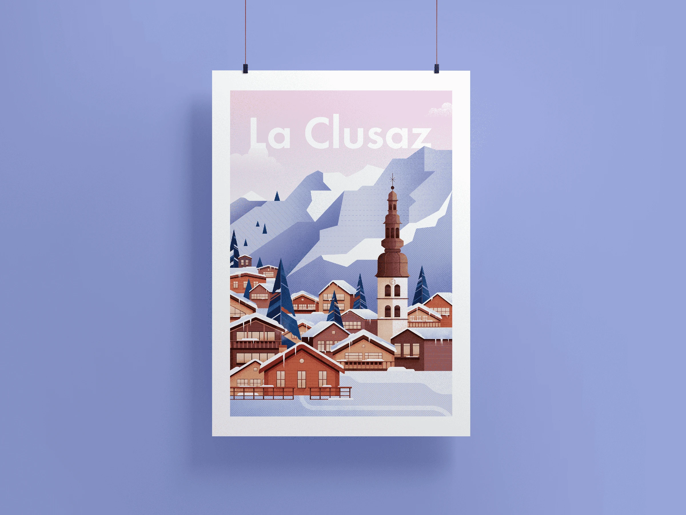 La Clusaz travel poster with a church and snowy Alpine village